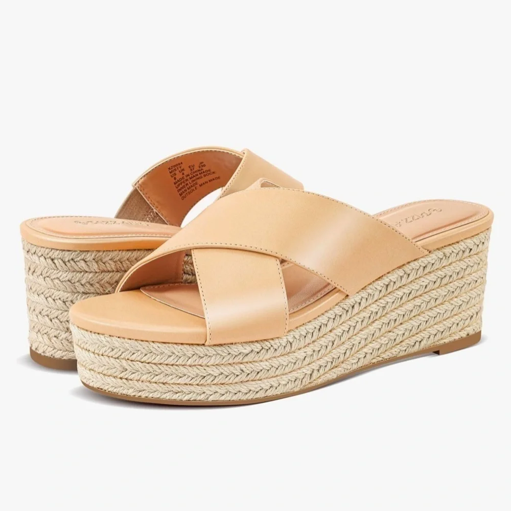 *New* Criss Cross Platform Wedge Sandals  Espadrille Summer Slide Shoes, Nude